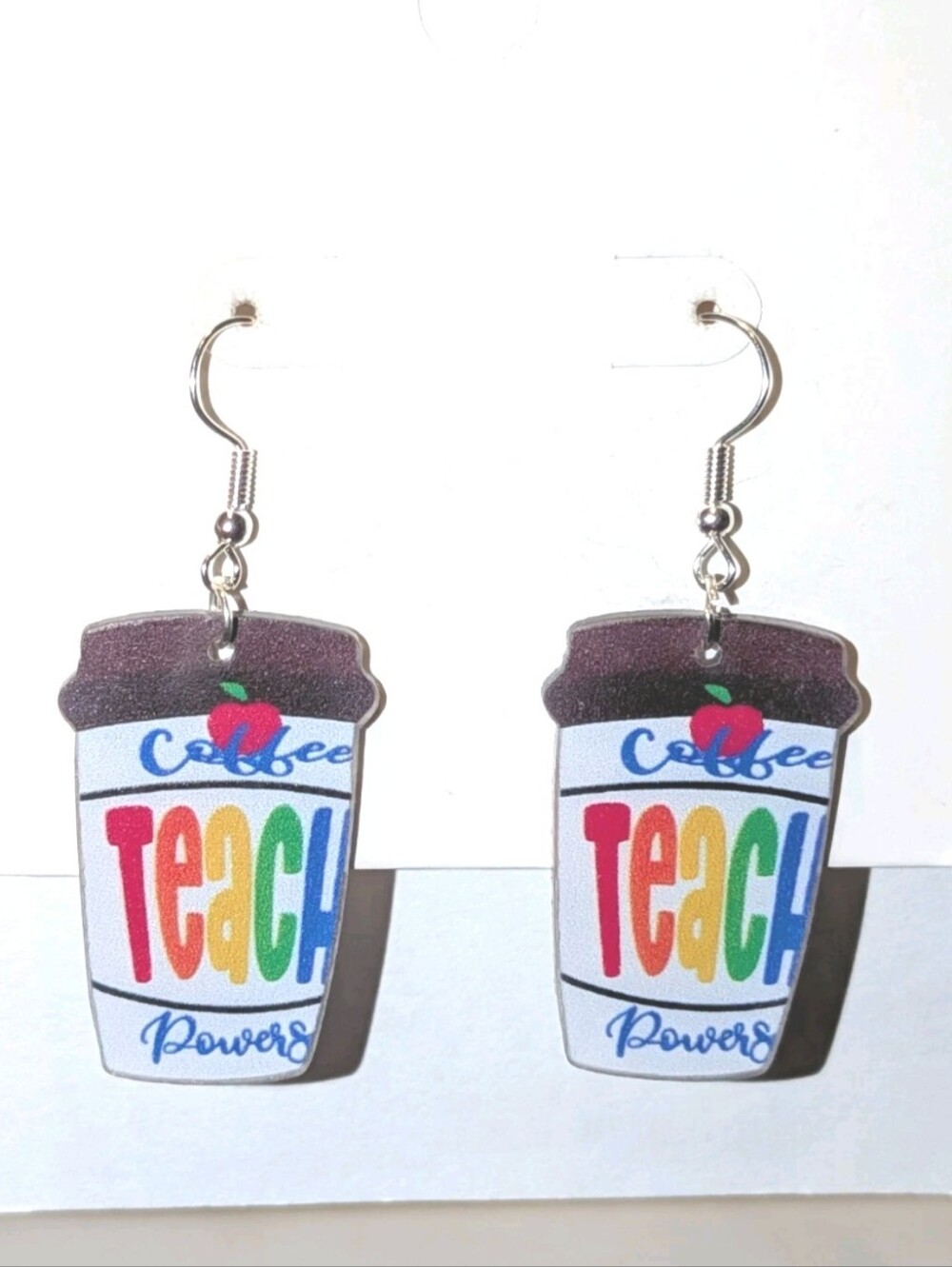Hand Crafted Teacher Coffee Cup Rainbow Earrings